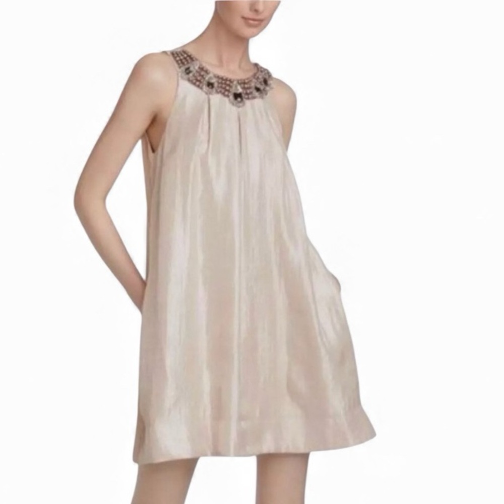 Alexia Admor Jewelled Neck Hammered Satin Trapeze Sleeveless Mini Dress Cream S